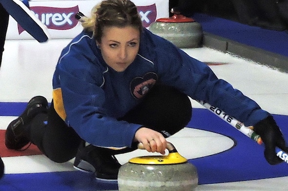 Alberta skip Selena Sturmay delivers her rock during Sunday's win over Quebec. (Photo, Curling Canada)
