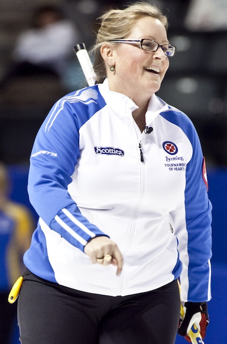 BC skip Kelly Scott watches her shot during 4th draw action at the 2013 Scotties Tournament of Hearts, February 16, 24th, Kingston, Ontario The Canadian Womans Curling Championship.