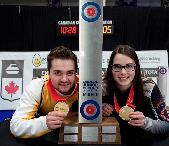Stratford Ont.Jan 31 2016.Canadian Junior Curling Championship.Manitoba skip Matt Dunstone, Nova Scotia skip Mary Fay, Curling Canada/michael burns photo