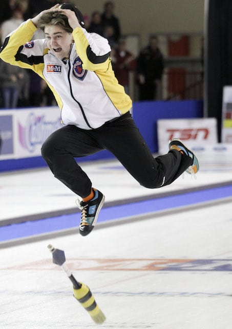 Feb 9/13 - Fort McMurray, AB - M&M Meat Shops Junior Curling Championships - Men's Final - Manitoba skip, Matt Dunstone celebrates win over Alberta - CCA/Michael Burns Photography/Mark O'Neill Photo
