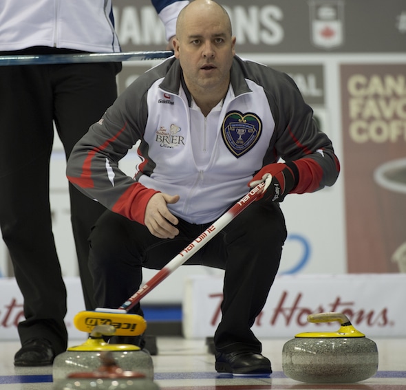 Jamie Koe and his team from Yellowknife are off to a 2-0 start in the Tim Hortons Brier pre-qualifying round. (Photo, Curling Canada/Michael Burns)
