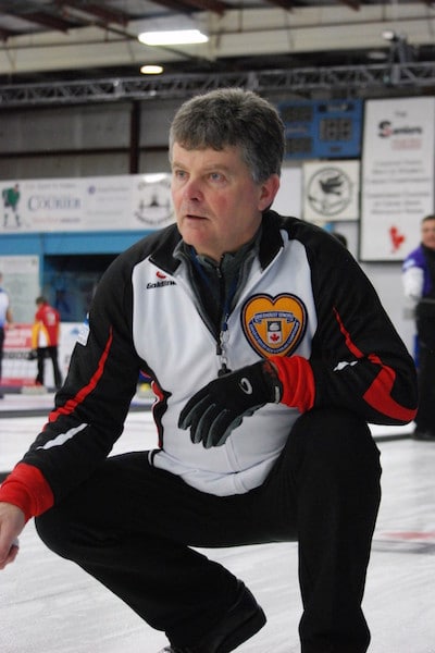Bryan Cochrane of Ontario watches his rock during the final game of round robin play at the 2016 Everest Canadian Seniors Curling Championship in Digby, N.S. (Curling Canada/Mike Lewis photo)