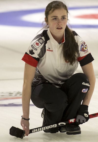 Fresh off winning the world junior women's gold medal, Kristin Clarke will skip the Dalhousie Tigers in Kelowna. (Photo, WCF/Marissa Tiel)