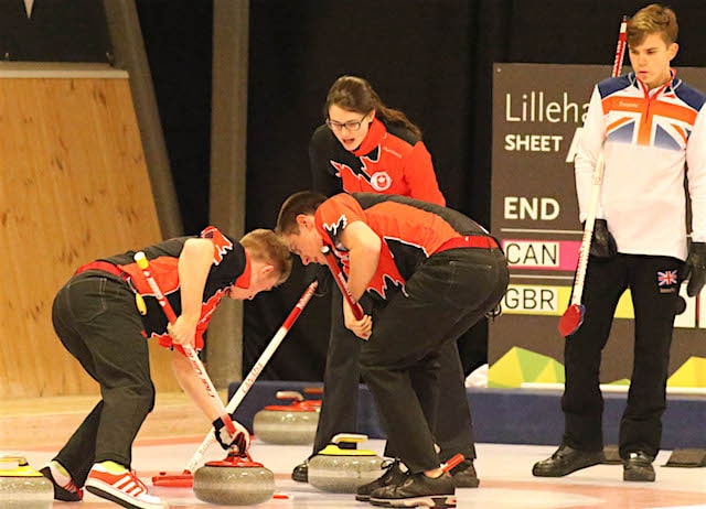 Team Canada skip Mary Fay calls to sweepers Sterling Middleton and Tyler Tardi during Day 2 action against Great Britain’s Ross Whyte at the 2016 Youth Olympic Games (WCF/Richard Gray photo)